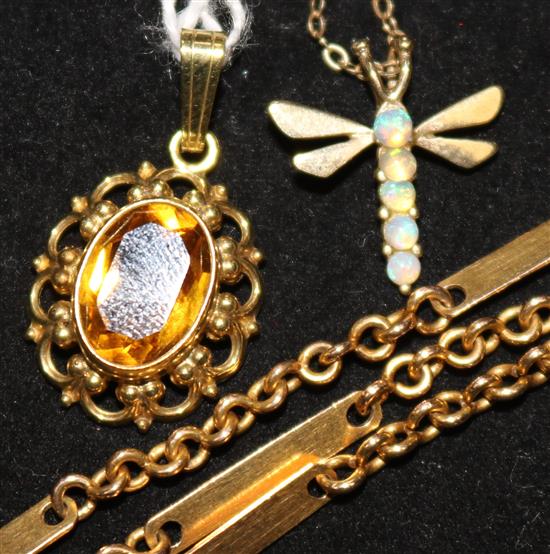 A 9ct gold and opal dragonfly pendant on chain, a 14ct gold and citrine pendant and a yellow metal necklace.